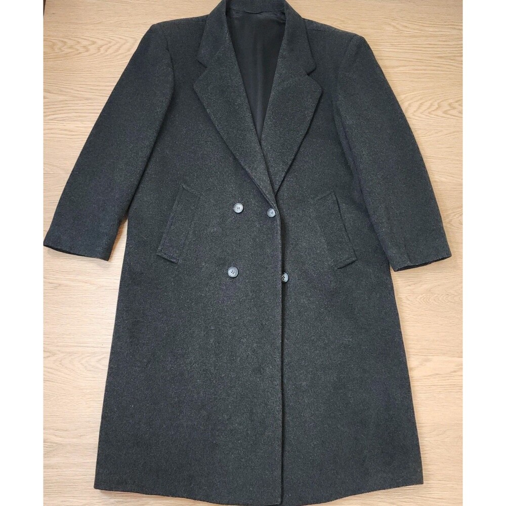 Vtg Hunting Horn Gray Long Cashmere Wool Blend Coat Double Breasted Lined 42